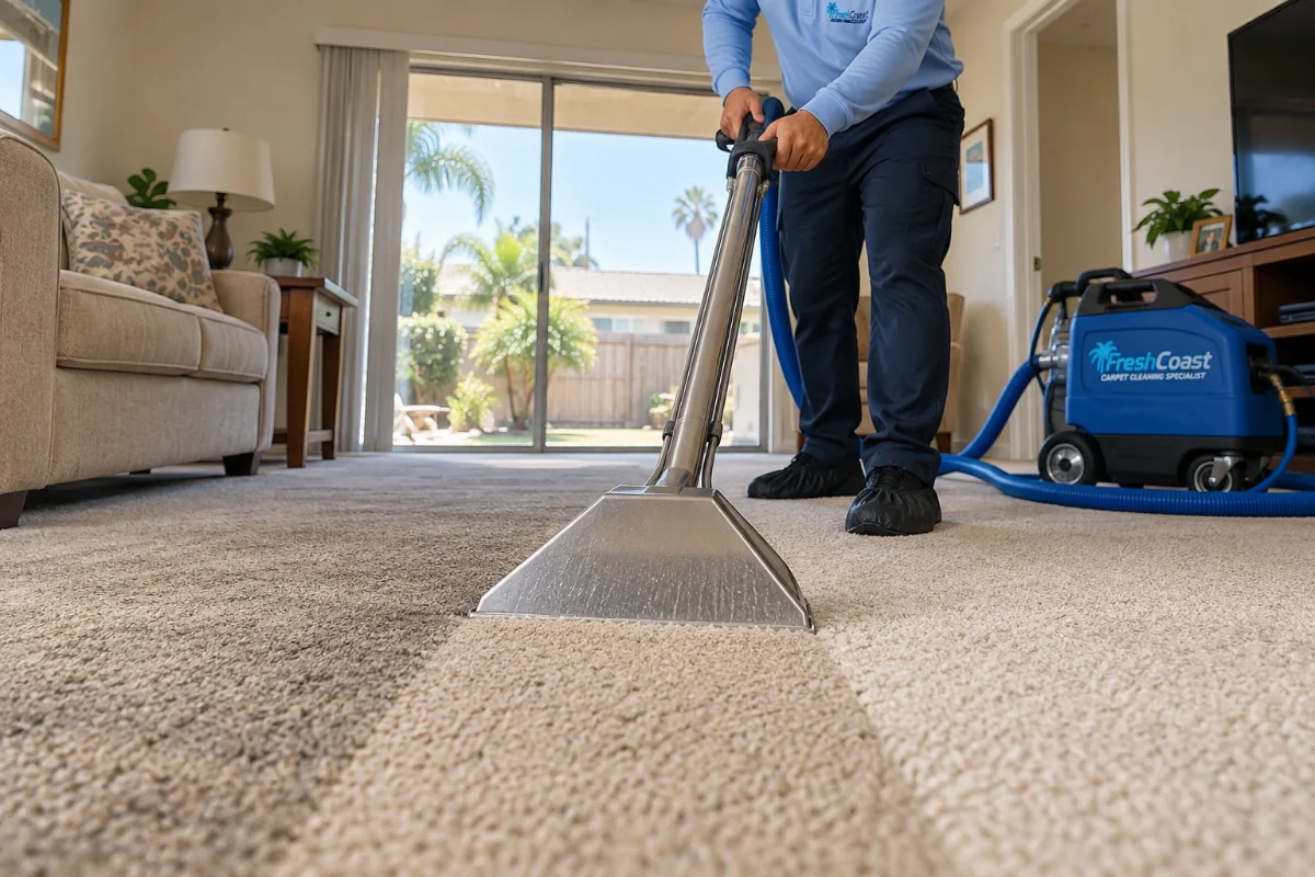 Fresh Coast technician cleaning carpet in a Buena Park home