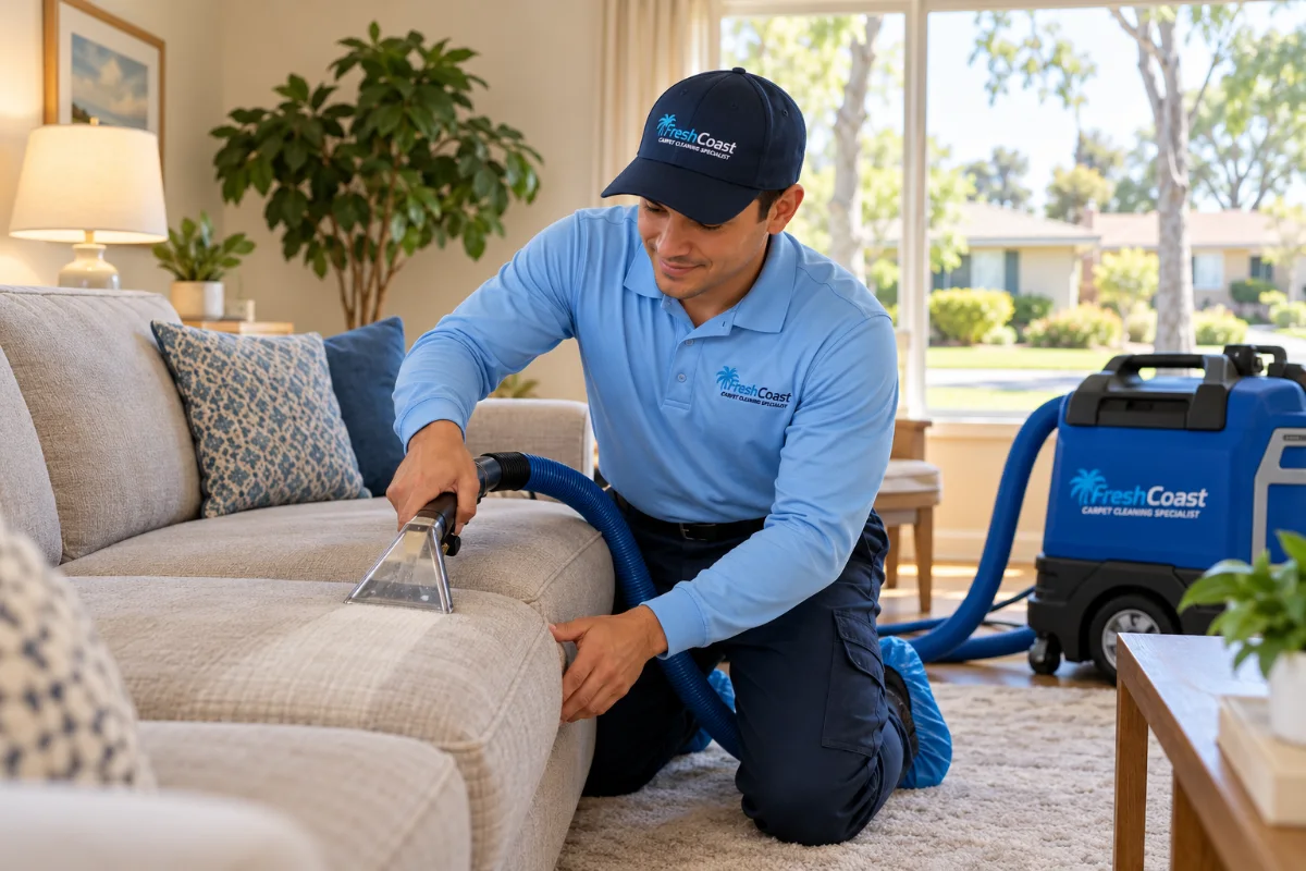 Fresh Coast technician cleaning carpet in a Cypress home