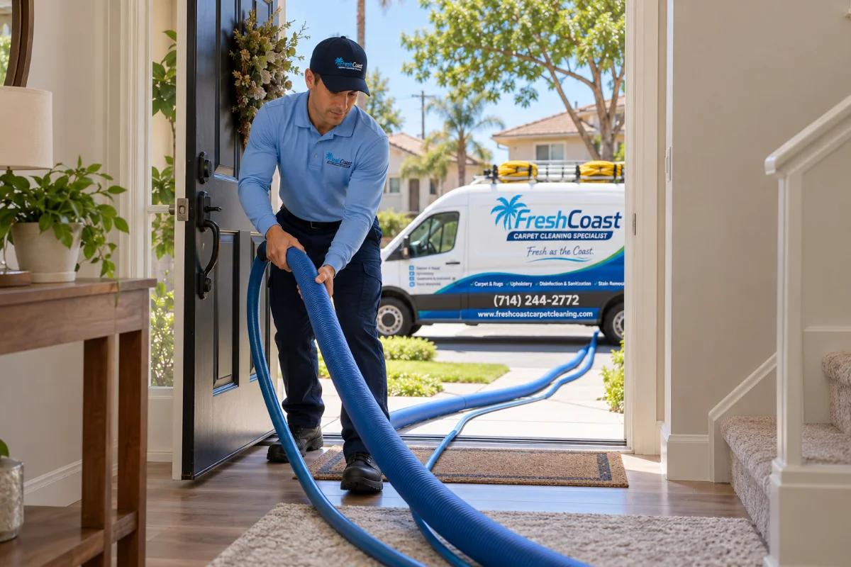 Fresh Coast technician cleaning carpet in a Fountain Valley home