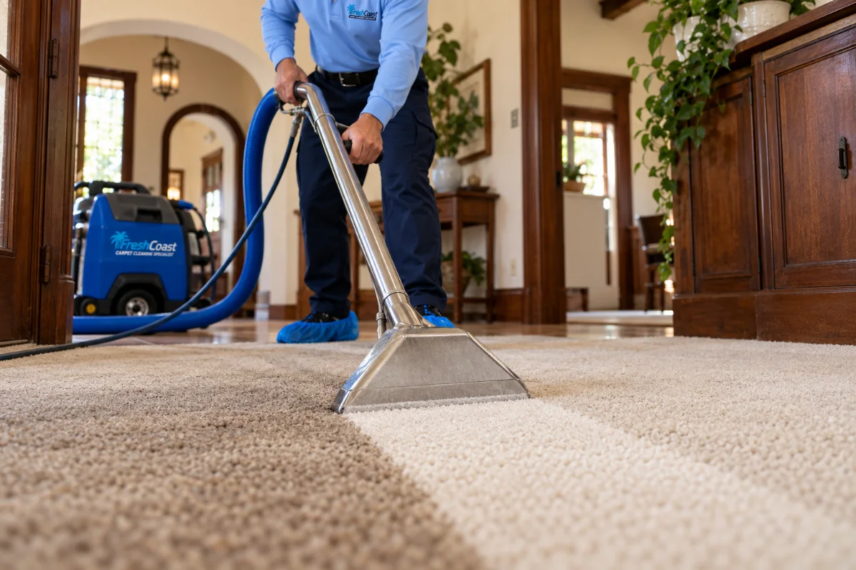 Fresh Coast technician cleaning carpet in a Fullerton home