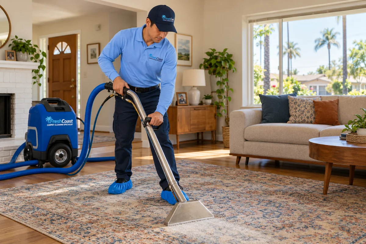 Fresh Coast technician cleaning carpet in a Garden Grove home