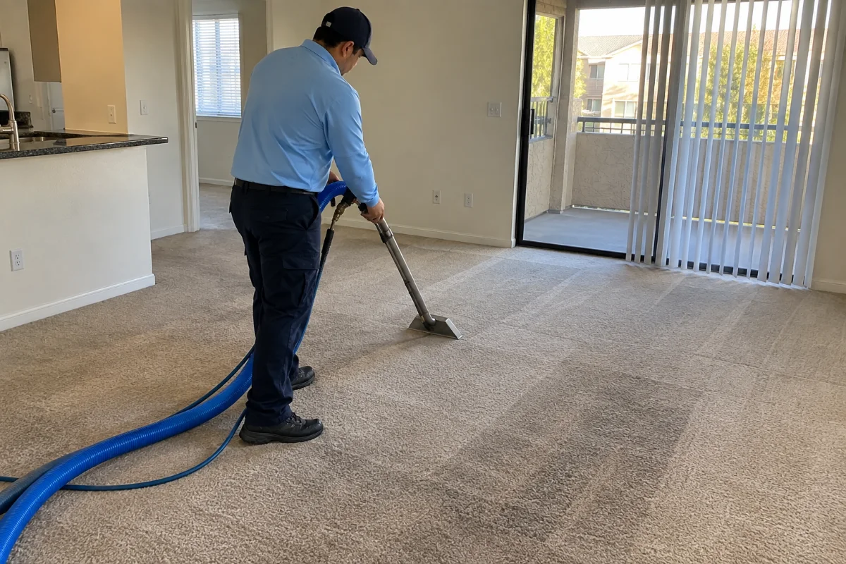 Apartment carpet being cleaned during a move-out turnover