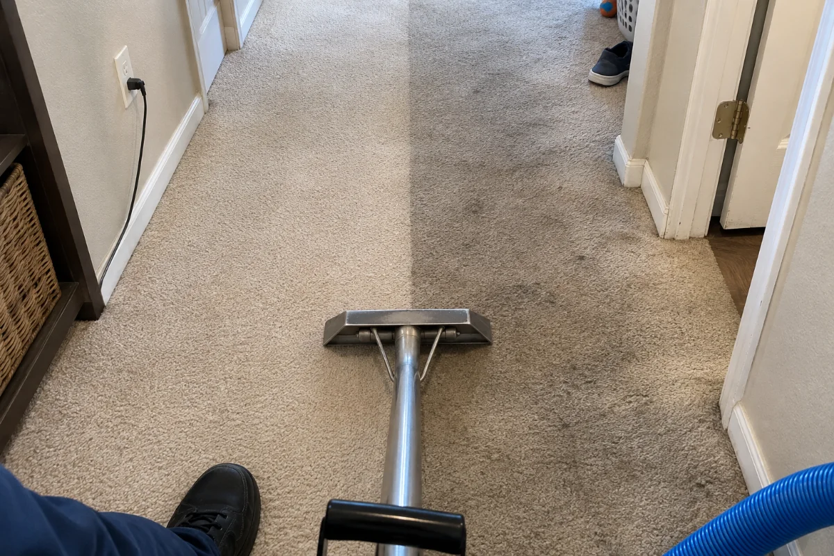 Hallway carpet half cleaned, showing the clean side next to the dirty traffic lane