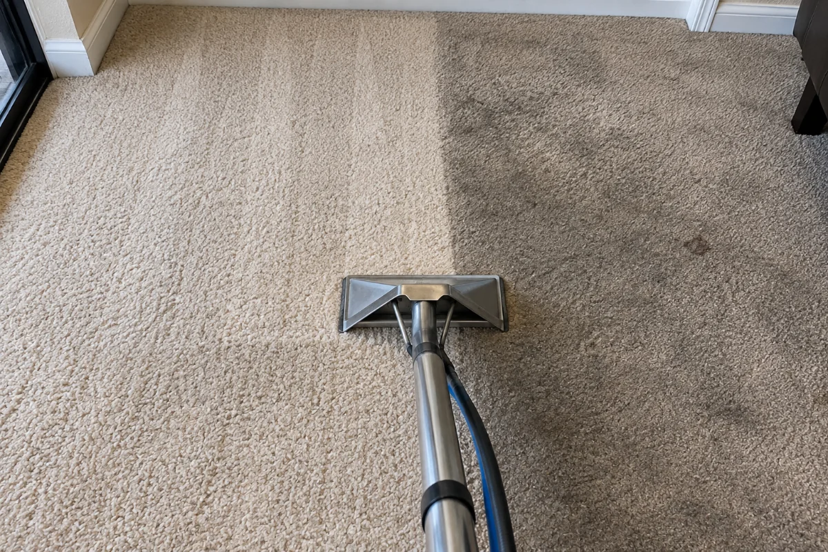 Carpet pile with a clear line between cleaned and dirty areas