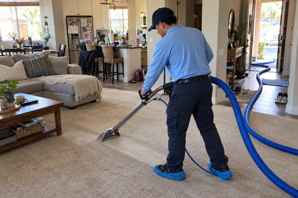Technician cleaning a living room carpet