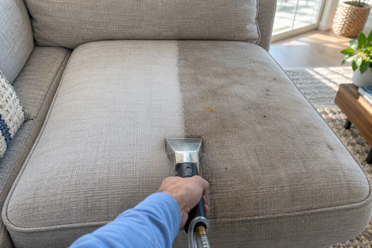 Couch cushion with one half cleaned and one half still dirty