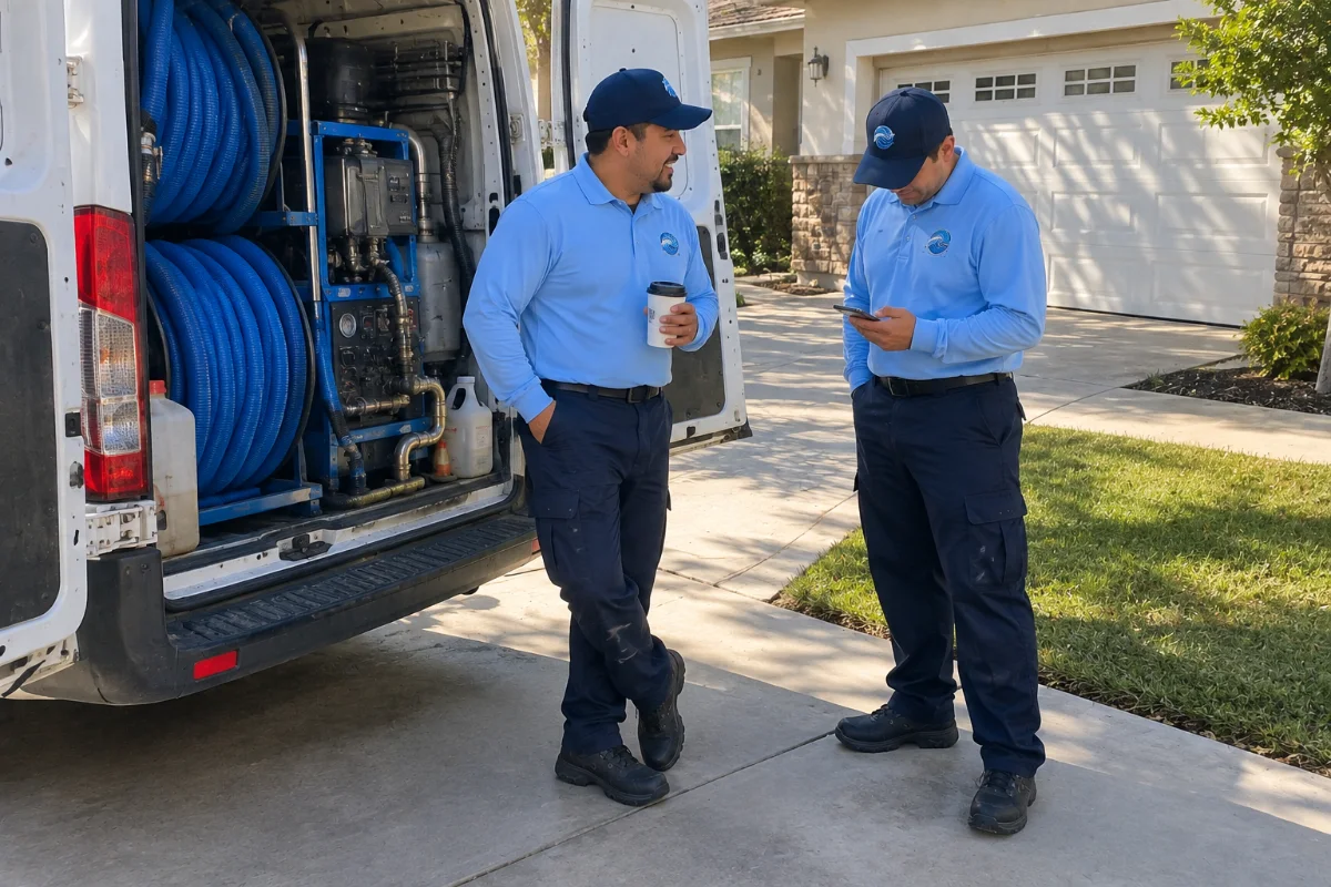 Two Fresh Coast technicians next to the van