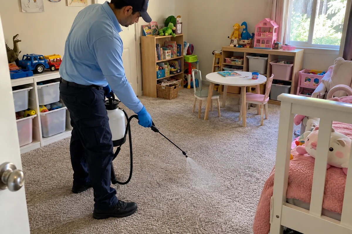 Technician in gloves spraying disinfectant in a kids playroom