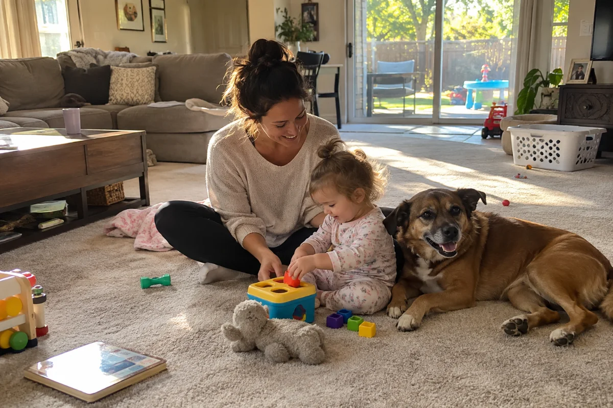 Mom and toddler playing on a freshly cleaned carpet with the family dog