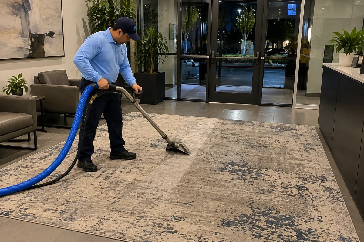 Lobby area rug being cleaned after hours