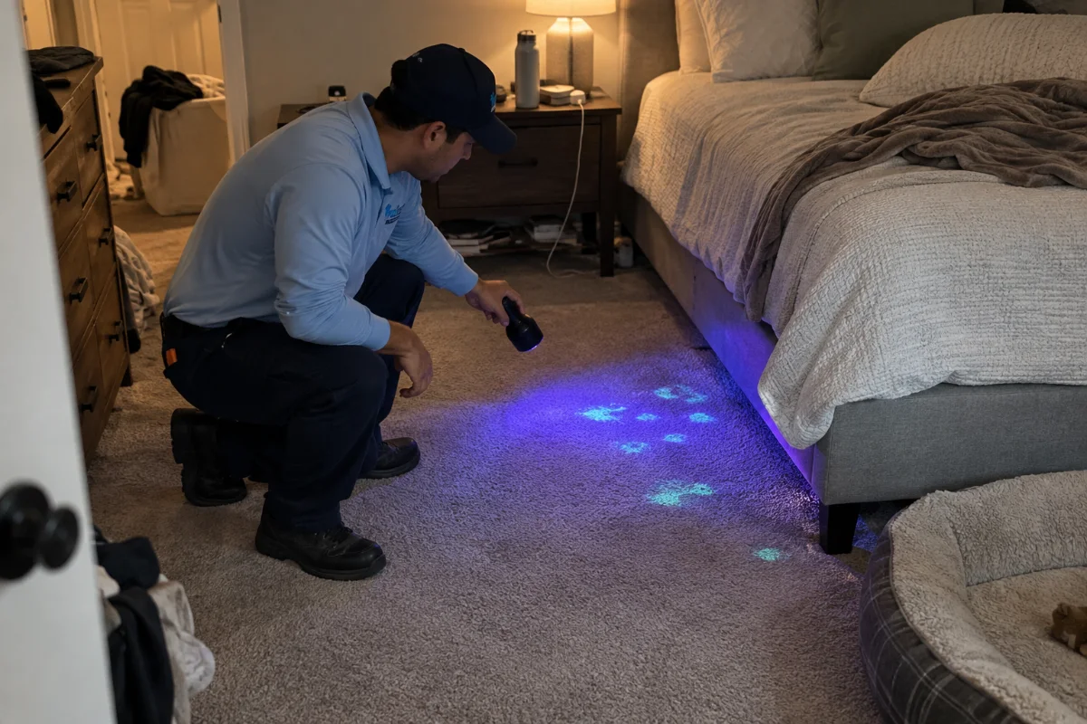 Technician using a UV light to find pet urine spots on carpet