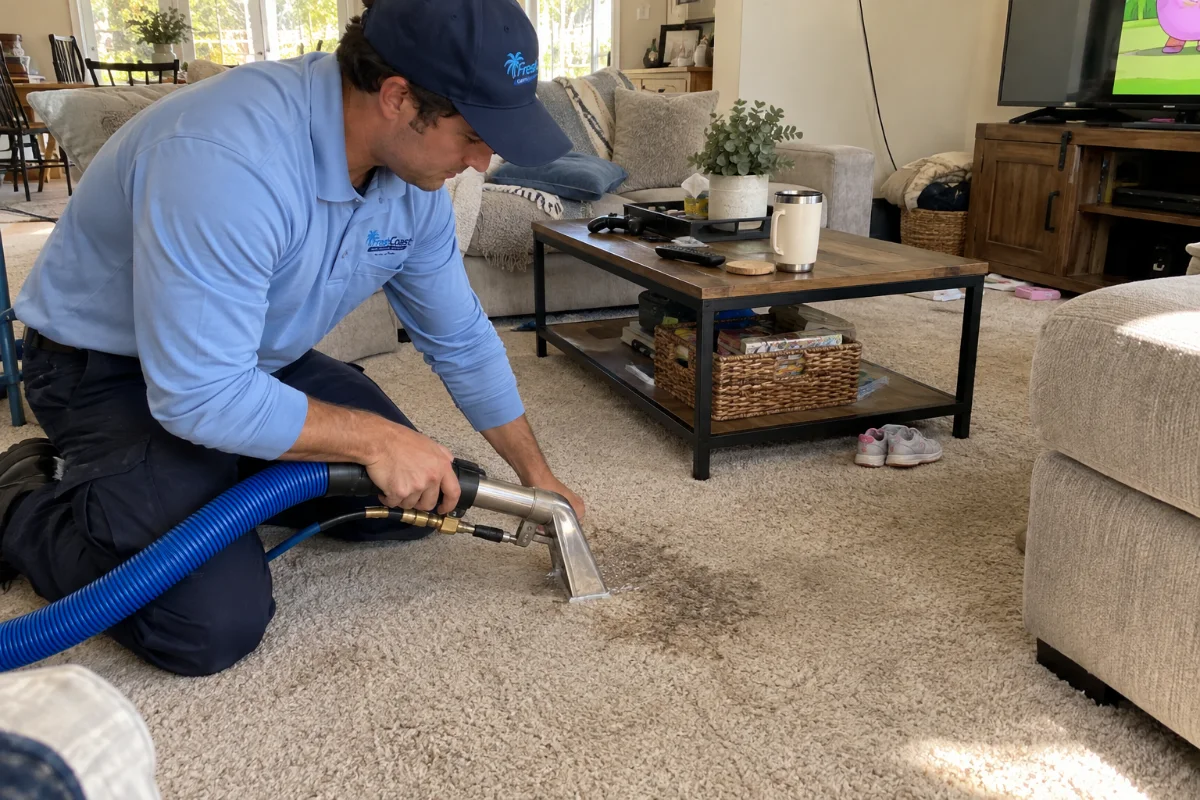 Technician treating a pet stain on carpet