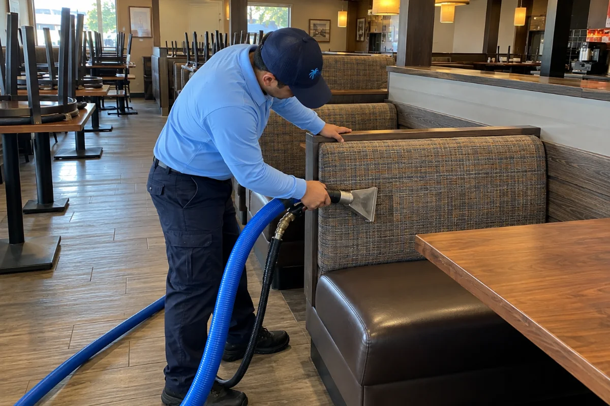 Restaurant booth being cleaned with an upholstery tool