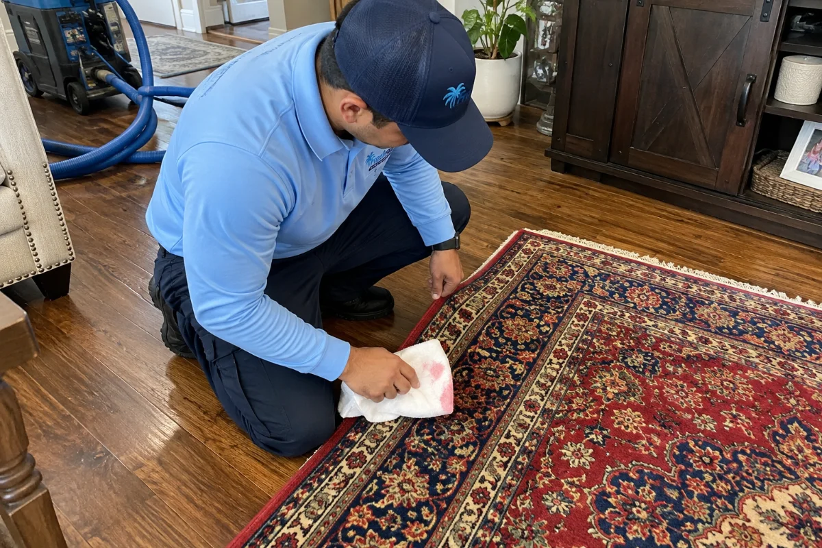 Technician dye-testing a Persian area rug