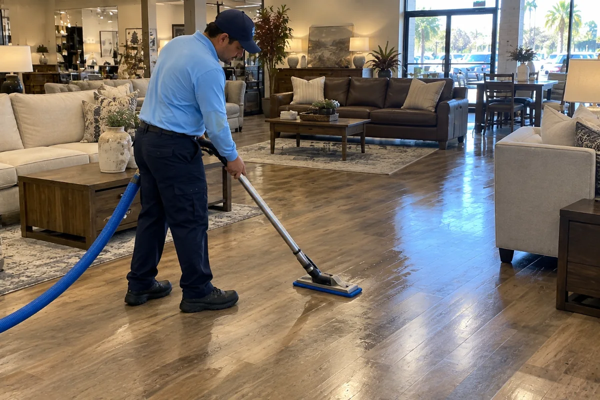 Hardwood floor being cleaned in a furniture showroom