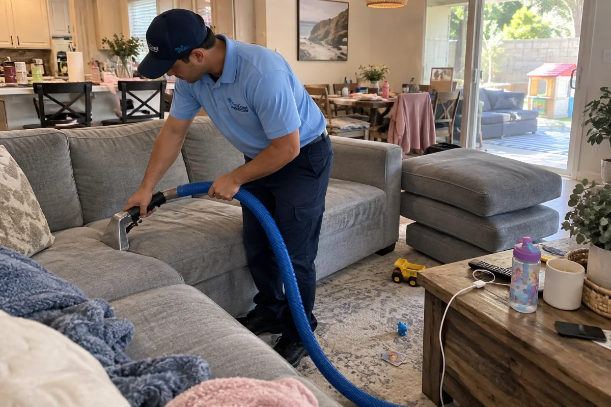 Sectional sofa being cleaned with an upholstery tool