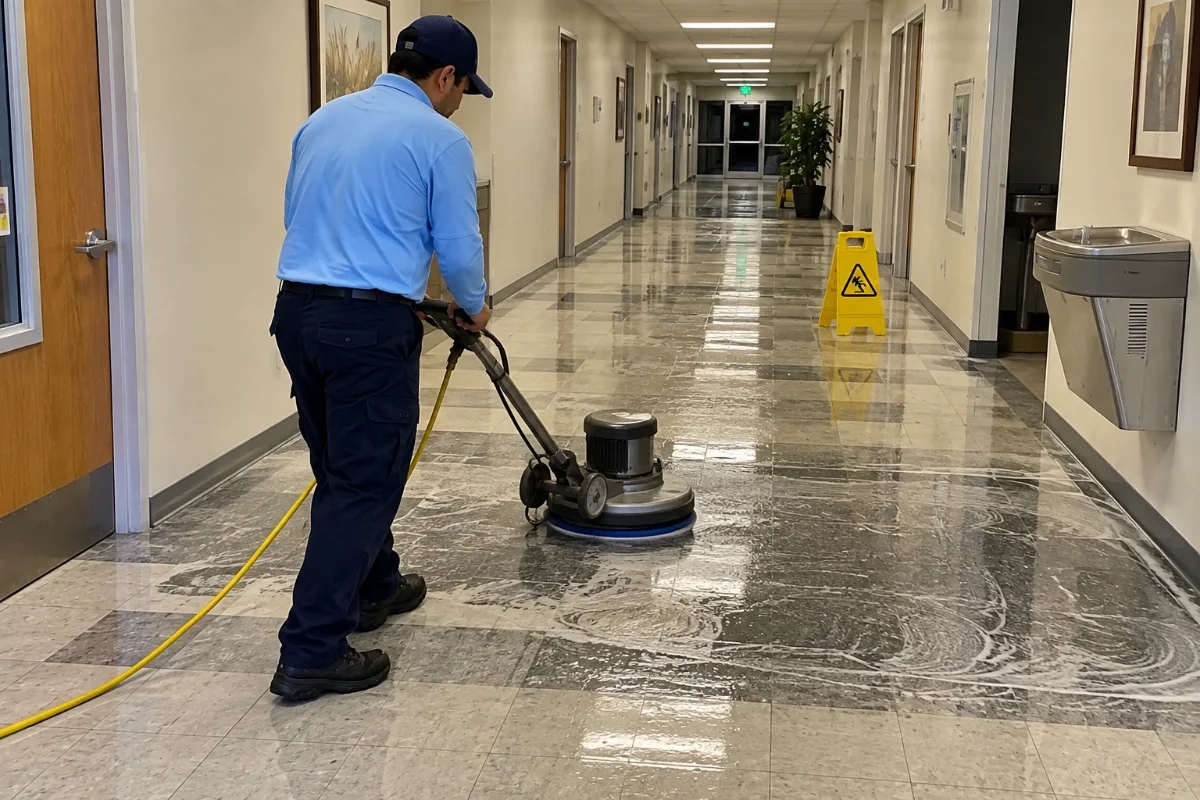 Floor machine stripping old wax from a VCT floor