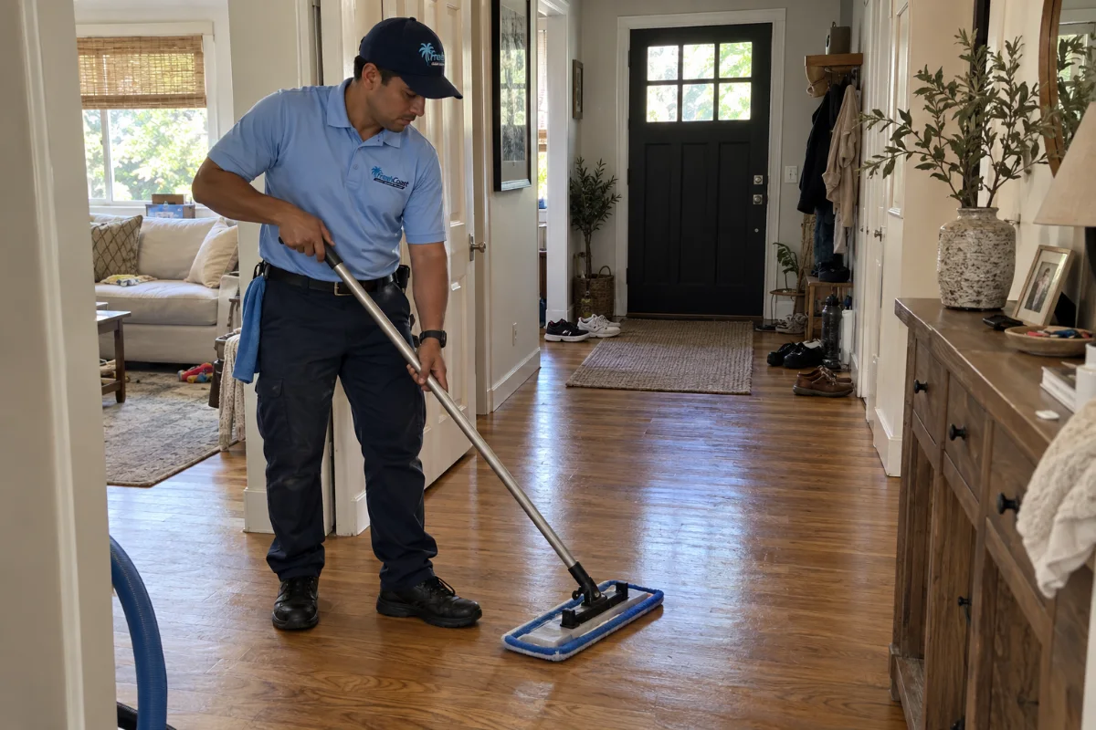 Hardwood floor being cleaned